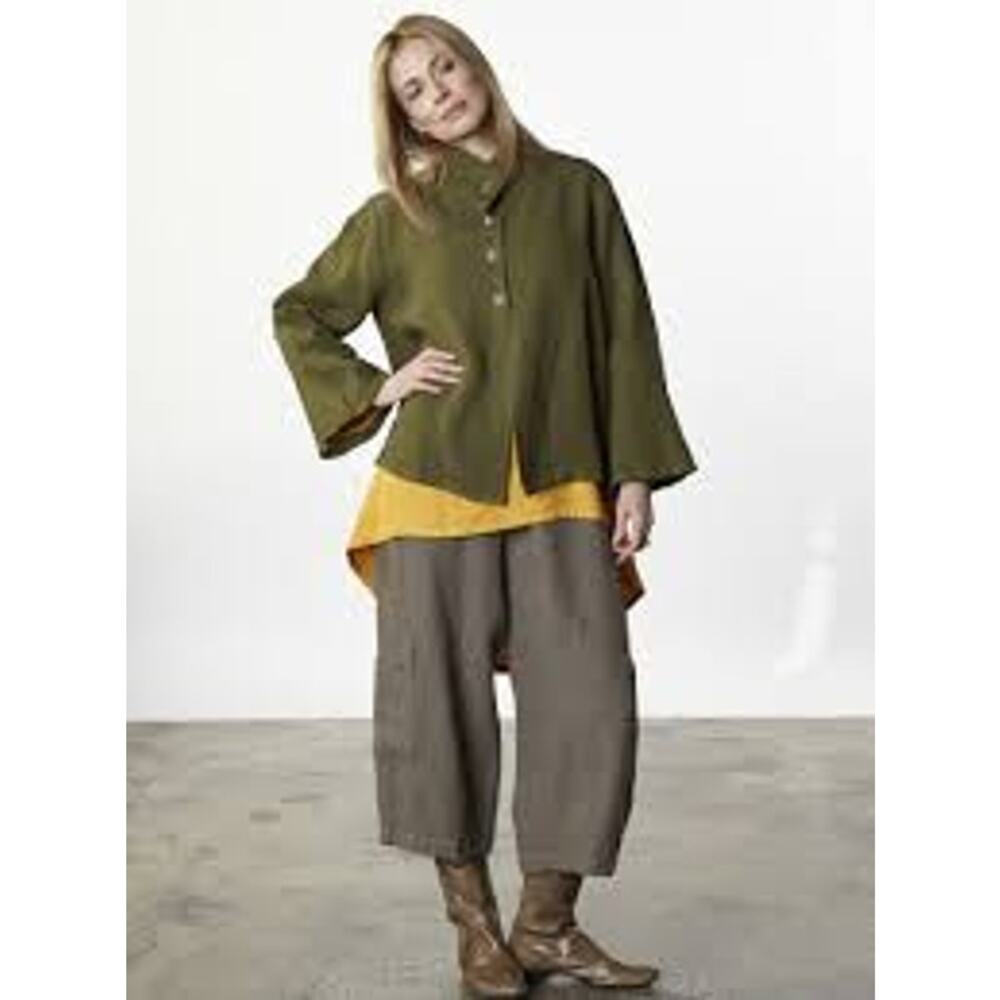 bryn WALKER Linen Oversize Mandarin Collar Olive Green Shirt M